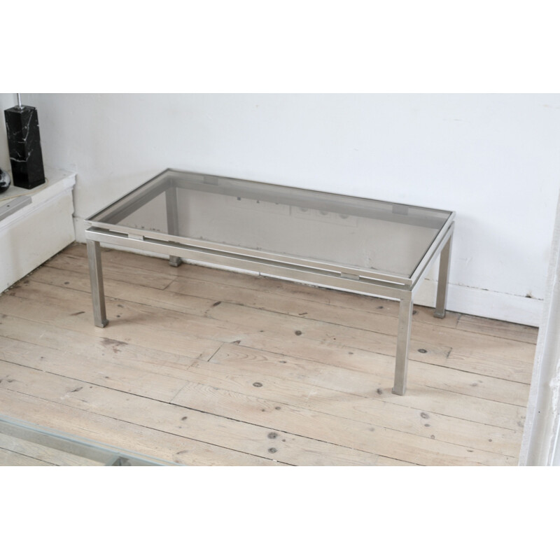 Vintage coffee table for Maison Jansen by Guy Lefevre in steel and smoky glass