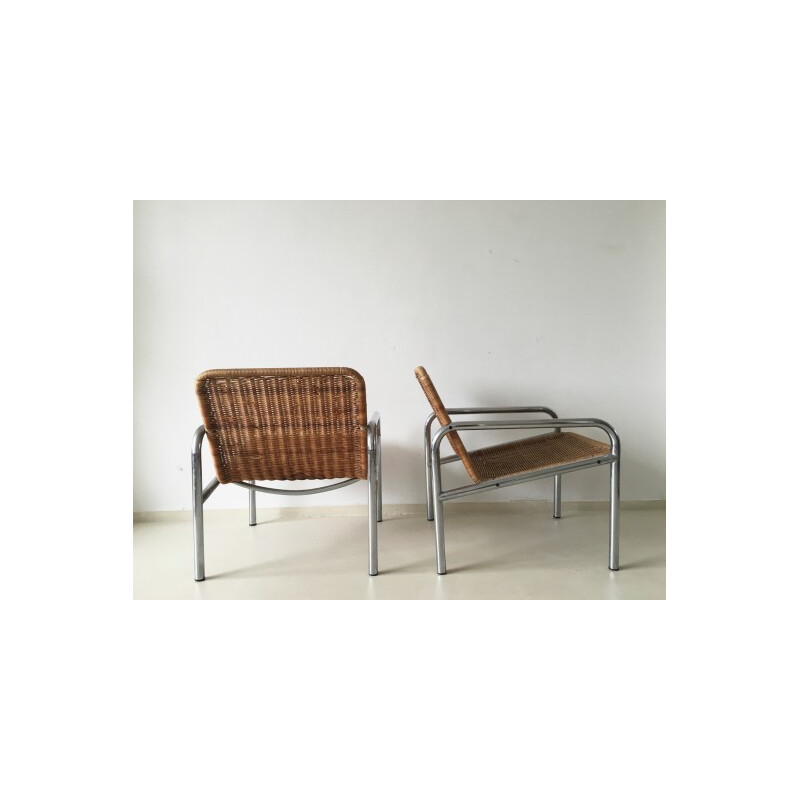 Par de poltronas de metal vintage e vime - 1960