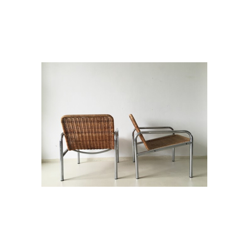 Set of 2 wicker and metal lounge chairs - 1960