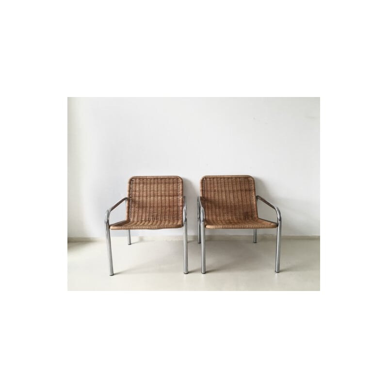 Paire de fauteuils de salon vintage en métal et osier - 1960