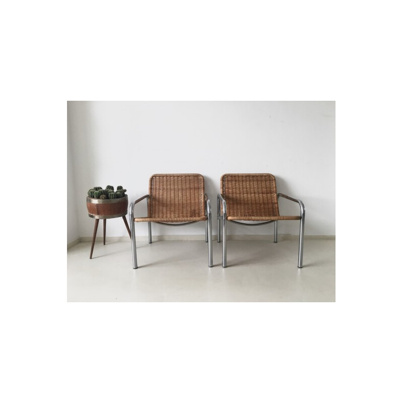 Paar vintage metalen en rieten fauteuils - 1960