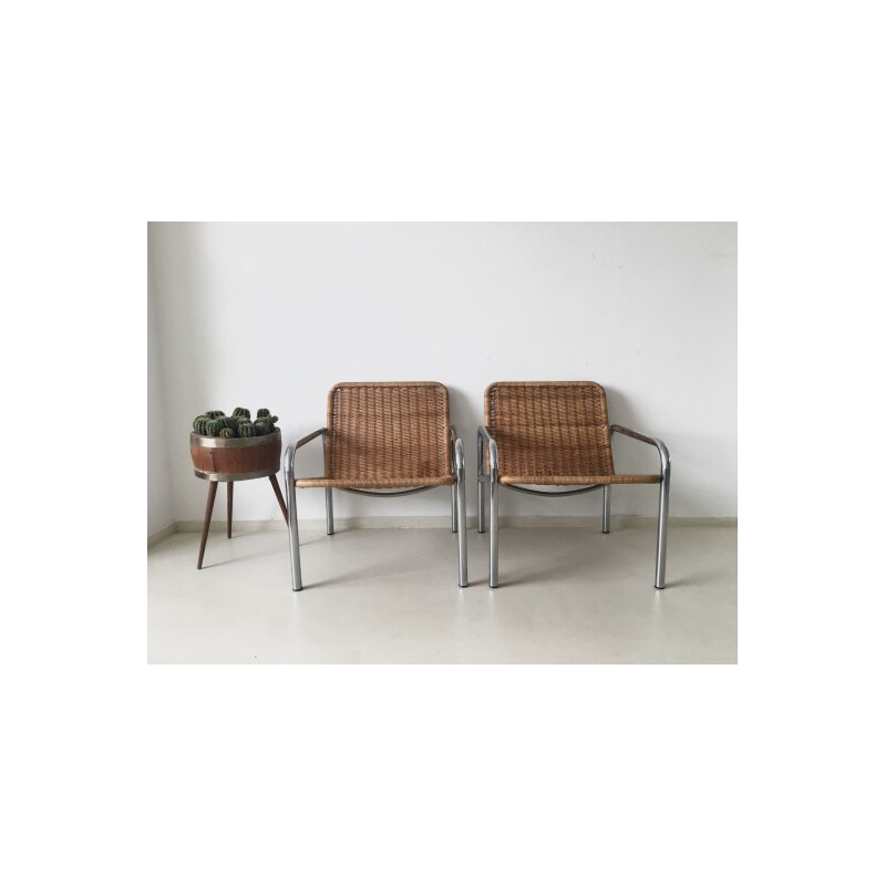 Set of 2 wicker and metal lounge chairs - 1960