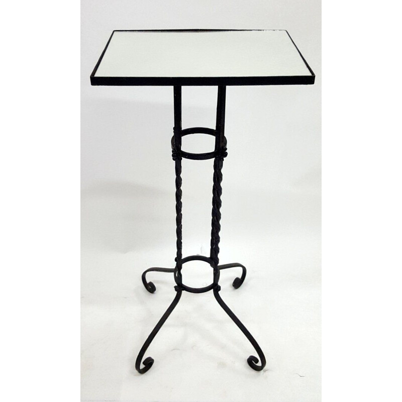 Vintage side table with mirror top in black iron 1970s