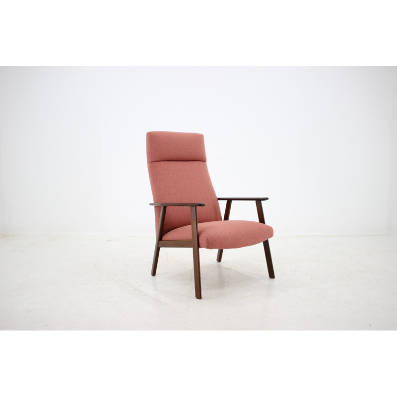 Vintage teak and pink fabric armchair 1960s