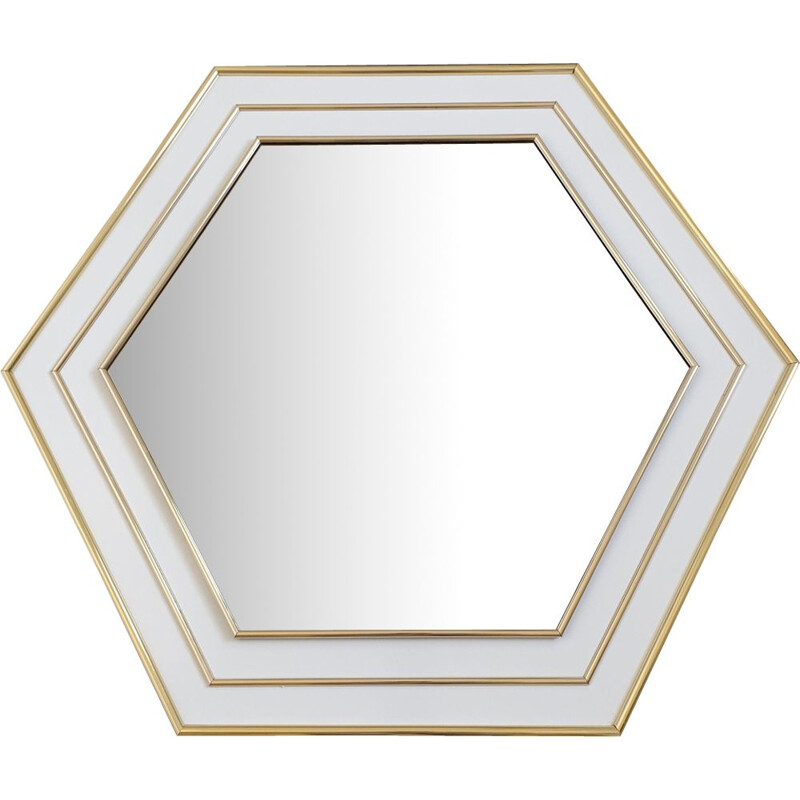 Miroir vintage hexagone laqué en blanc avec placage doré, France 70s