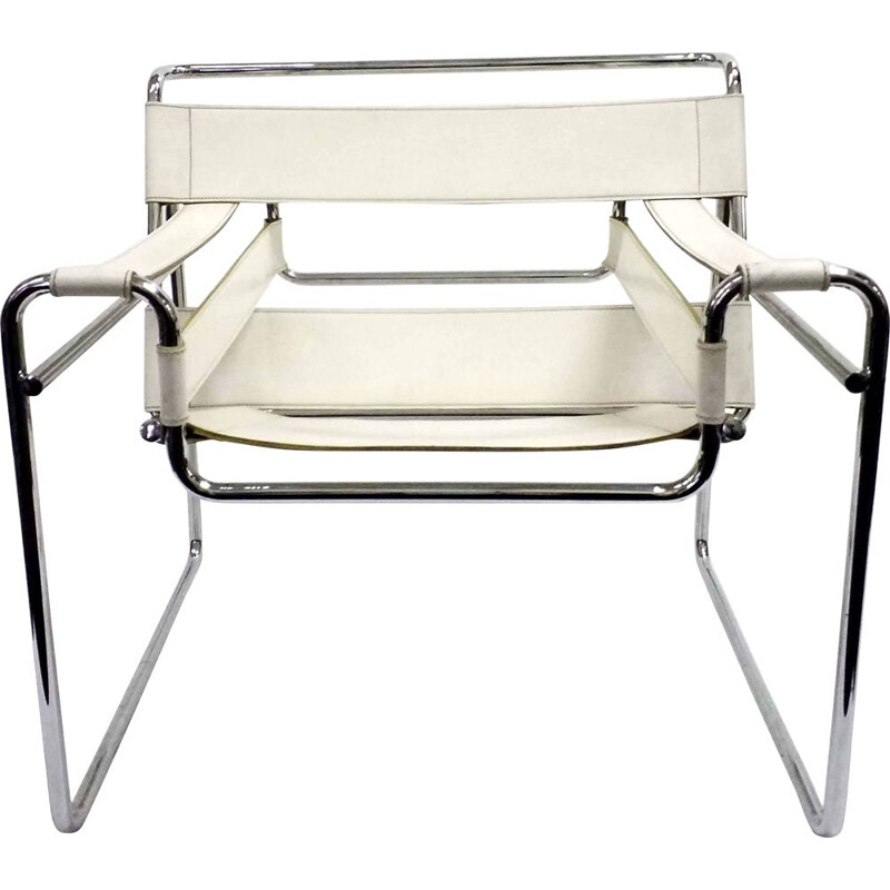 Vintage Wassily chair by Marcel Breuer in white leather and chrome 1970s