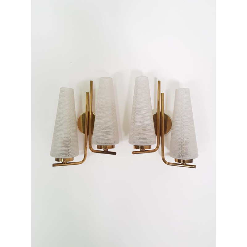 Pair of vintage glass and brass wall lamps