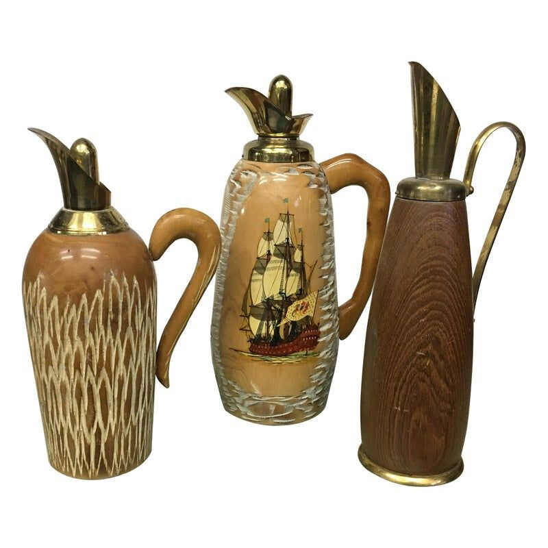 Set of 3 vintage pitchers for Macabo in wood and brass 1950s