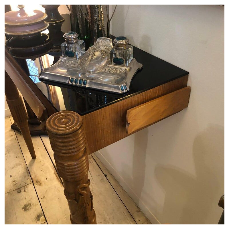 Set of 2 vintage console tables in marple woodand glass 1950s