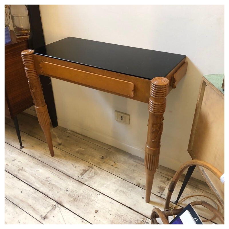 Set of 2 vintage console tables in marple woodand glass 1950s