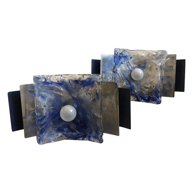 Pair of vintage blue sconces in Murano glass and metal 1970s
