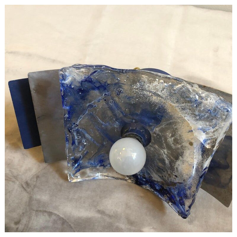 Paire d'appliques vintage bleues en verre de Murano et métal 1970
