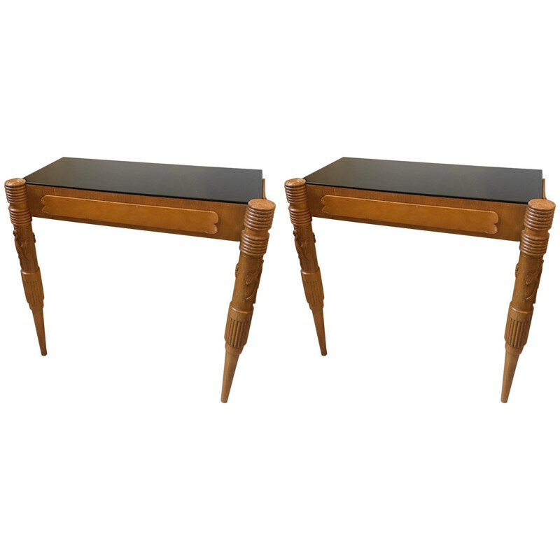 Set of 2 vintage console tables in marple woodand glass 1950s