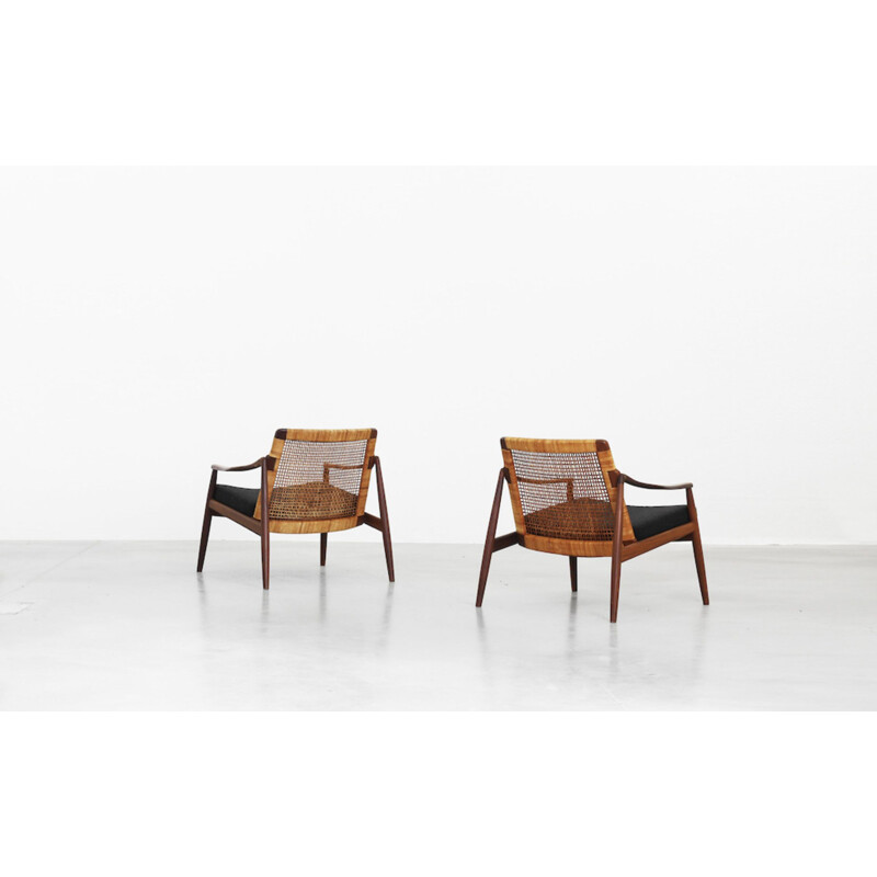 Pair of vintage armchairs for Wilkhahn in dark grey fabric and teakwood 1950s