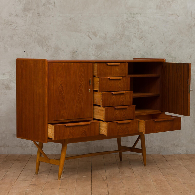 Vintage danish highboard in teak and beech and with 7 drawers 1960s