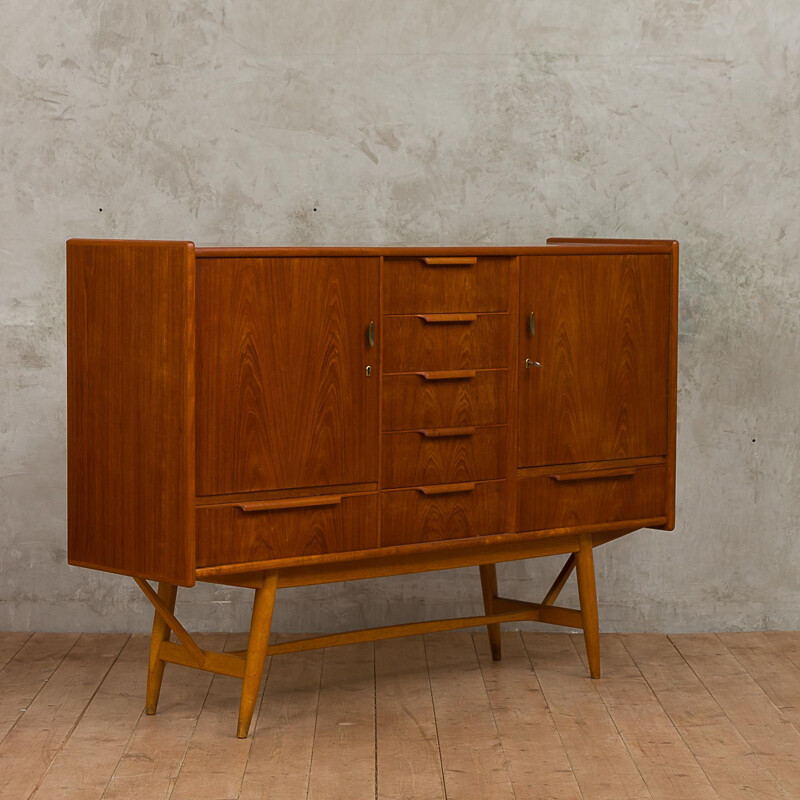 Vintage danish highboard in teak and beech and with 7 drawers 1960s