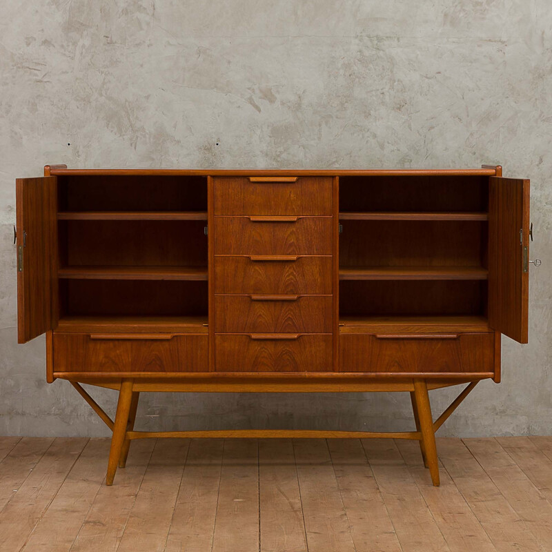 Vintage danish highboard in teak and beech and with 7 drawers 1960s