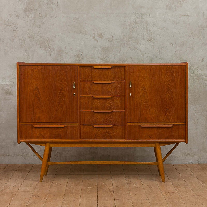 Vintage danish highboard in teak and beech and with 7 drawers 1960s