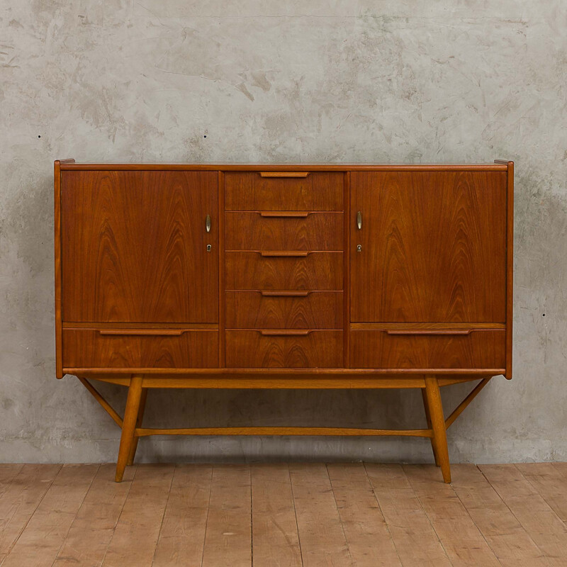 Vintage danish highboard in teak and beech and with 7 drawers 1960s