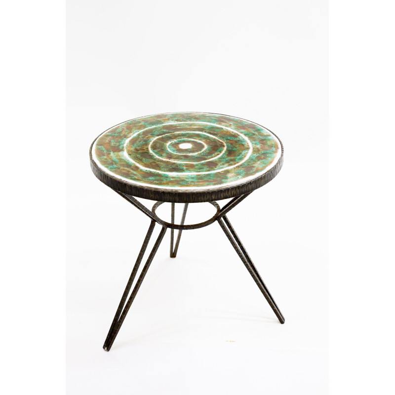 Table basse vintage en fer avec dessus en céramique verte 1970