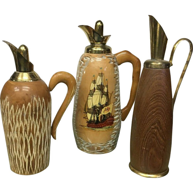 Set of 3 vintage pitchers for Macabo in wood and brass 1950s