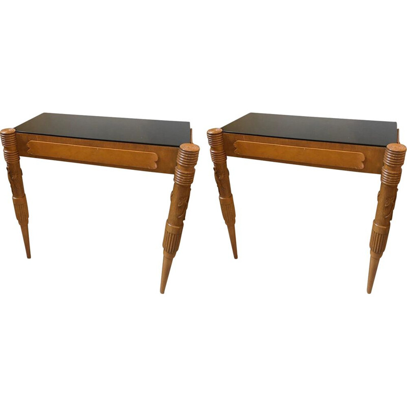 Set of 2 vintage console tables in marple woodand glass 1950s