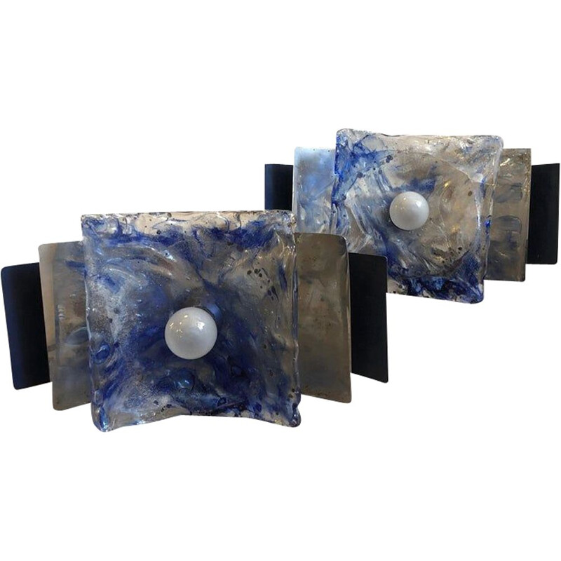 Pair of vintage blue sconces in Murano glass and metal 1970s