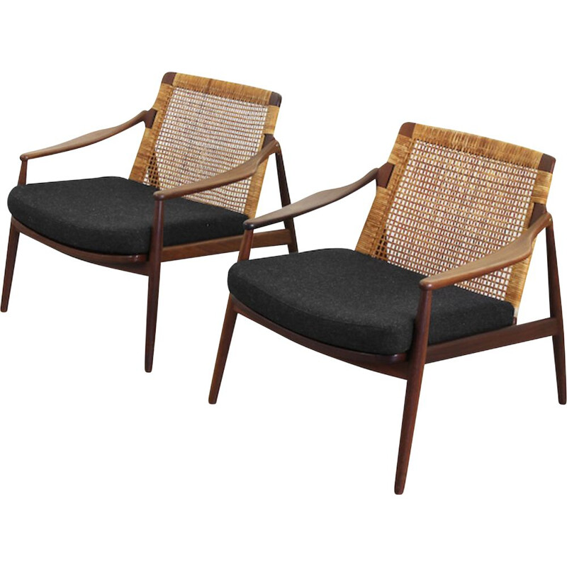 Pair of vintage armchairs for Wilkhahn in dark grey fabric and teakwood 1950s