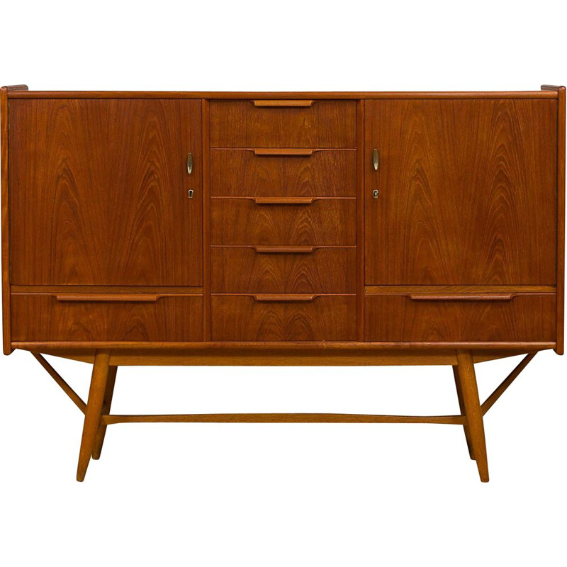 Vintage danish highboard in teak and beech and with 7 drawers 1960s