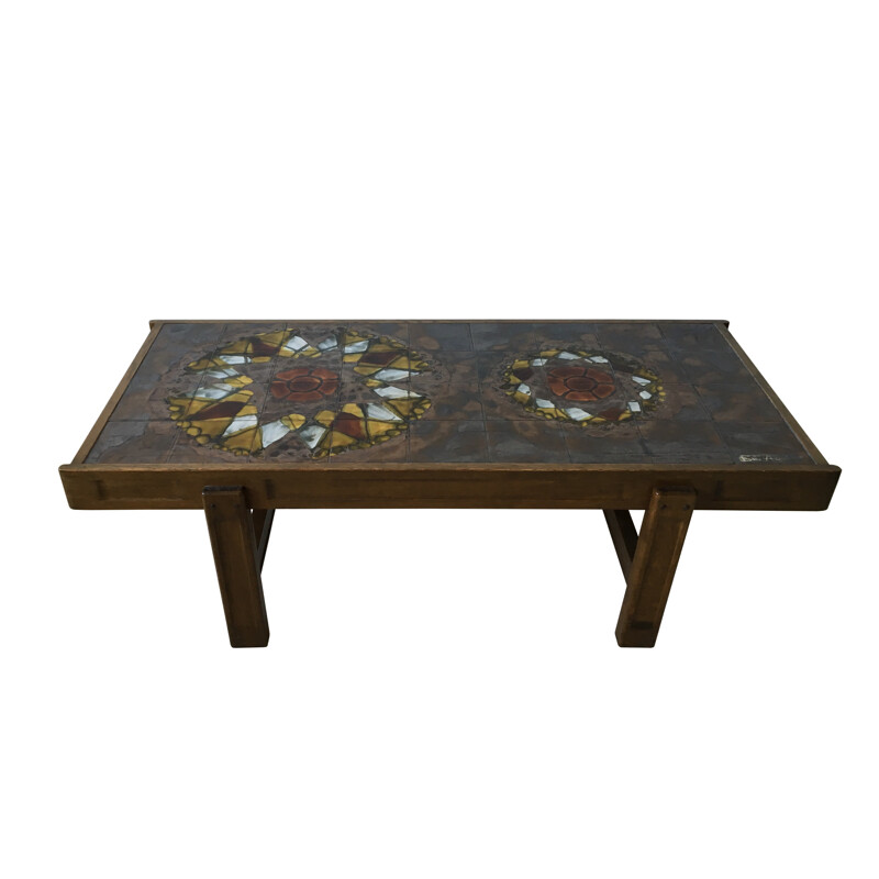 Vintage coffee table in solid oakwood and ceramic, Juliette BERLATI - 1970s