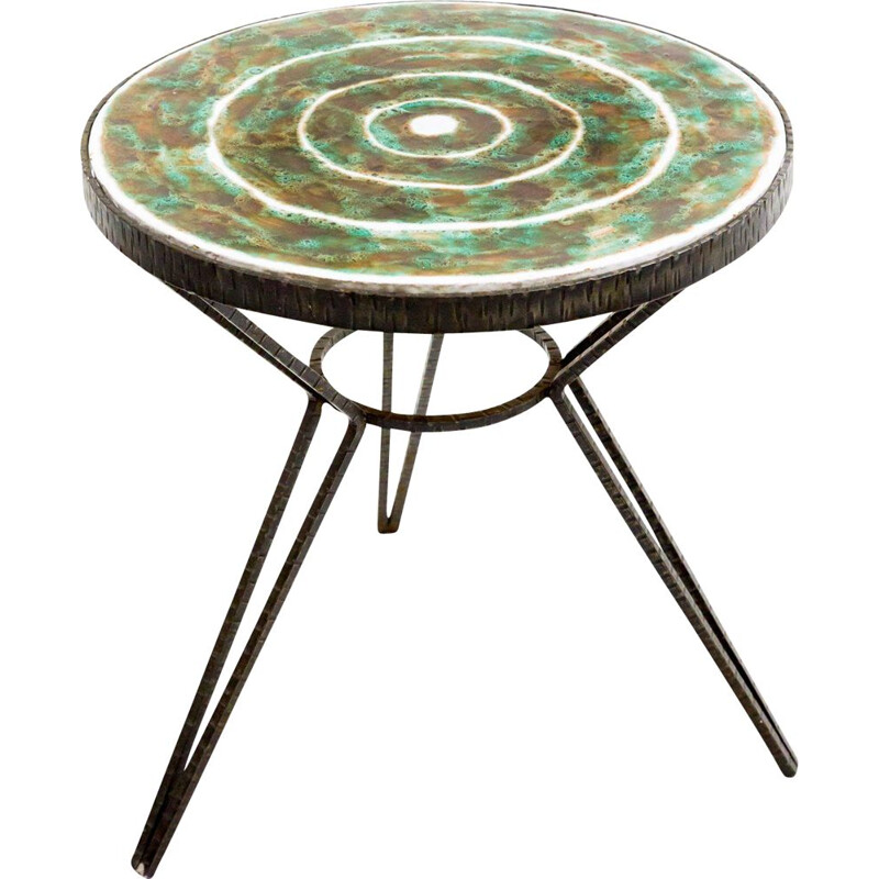 Table basse vintage en fer avec dessus en céramique verte 1970