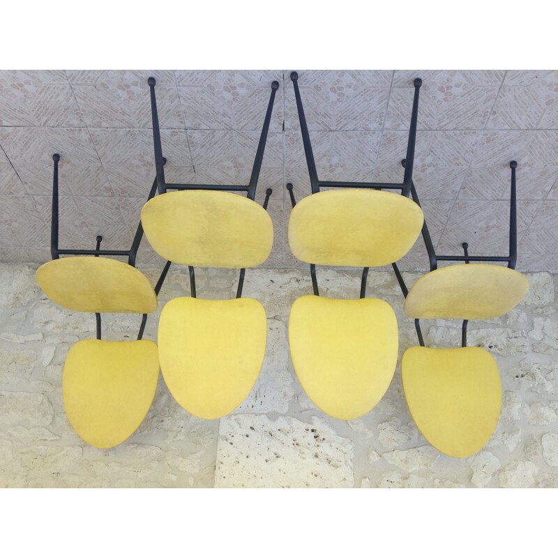 Set of 4 vintage skai and metal black and yellow chairs 1960