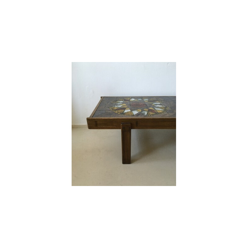Vintage coffee table in solid oakwood and ceramic, Juliette BERLATI - 1970s