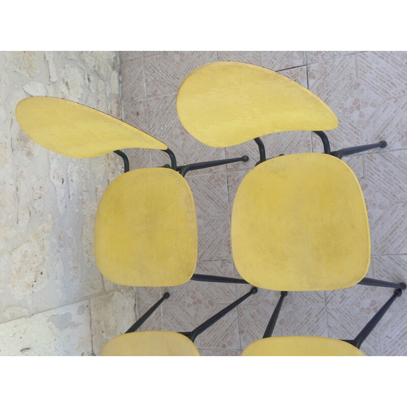 Set of 4 vintage skai and metal black and yellow chairs 1960