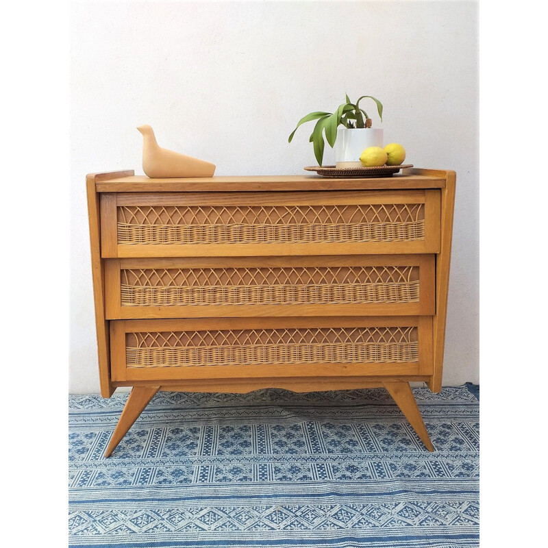 Vintage 1950 rattan chest of drawers