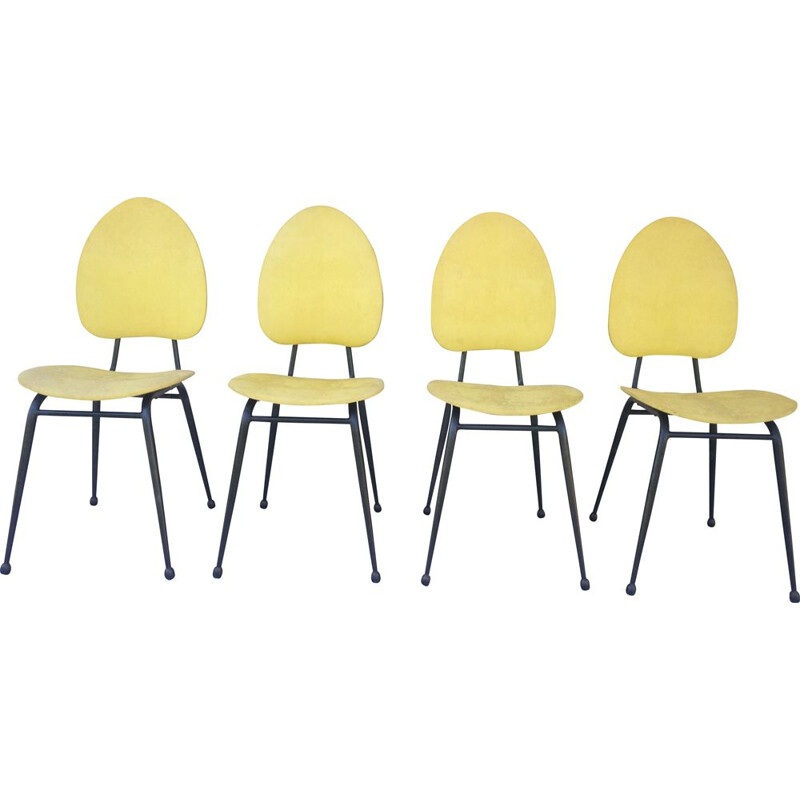 Ensemble de 4 chaises vintage skaï et métal jaunes et noires 1960