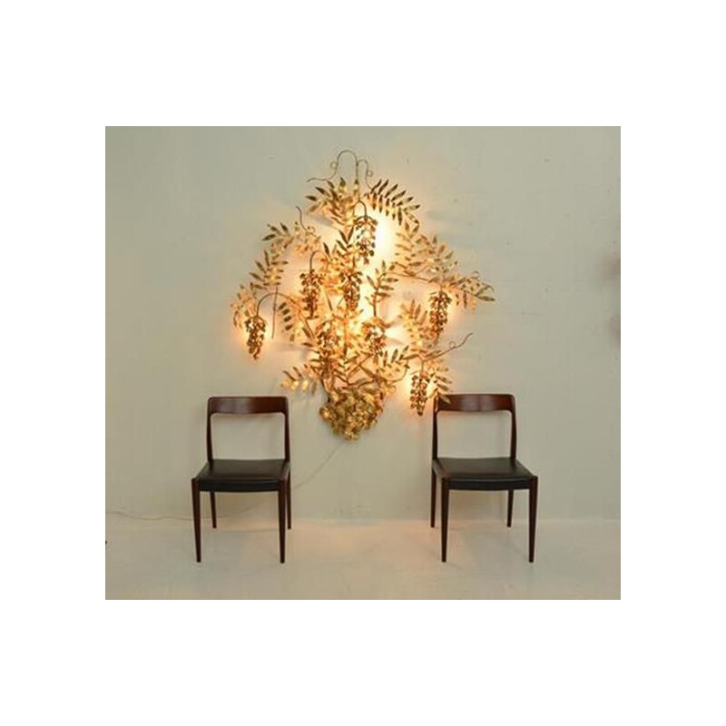 Vintage wall lamp golden wisteria decoration by Hans Kôgl Germany 1970s