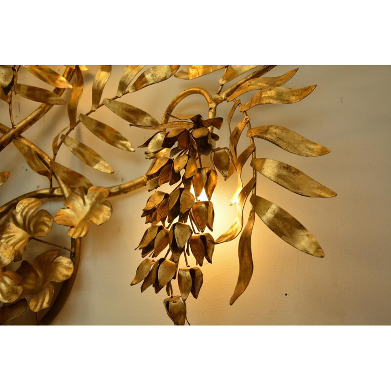 Vintage wall lamp golden wisteria decoration by Hans Kôgl Germany 1970s