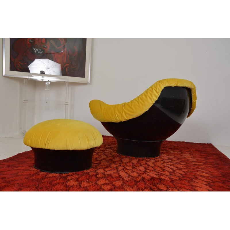 Rodica vintage armchair and footstool for Comfort in yellow velvet 1960