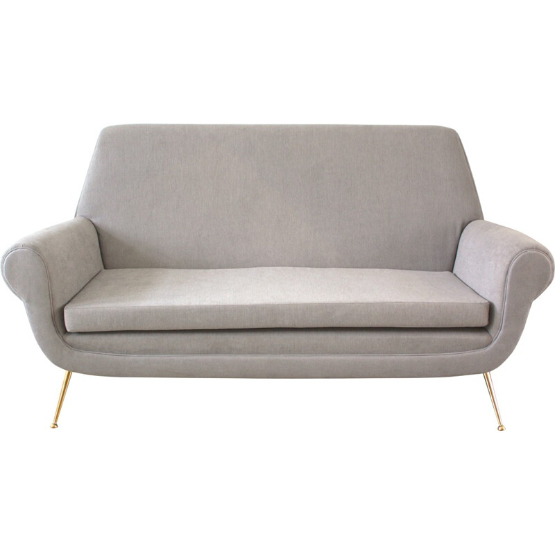 Minotti 2-seater sofa in grey fabic and brass, Gigi RADICE - 1950s