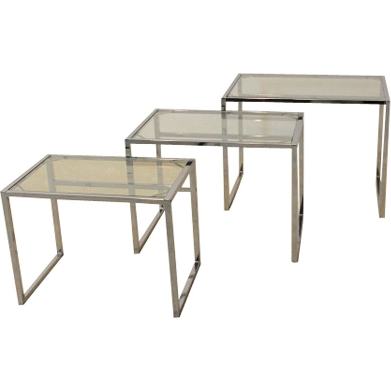 Set of 3 Ikea Swedish nestling tables in chrome and glass - 1960s
