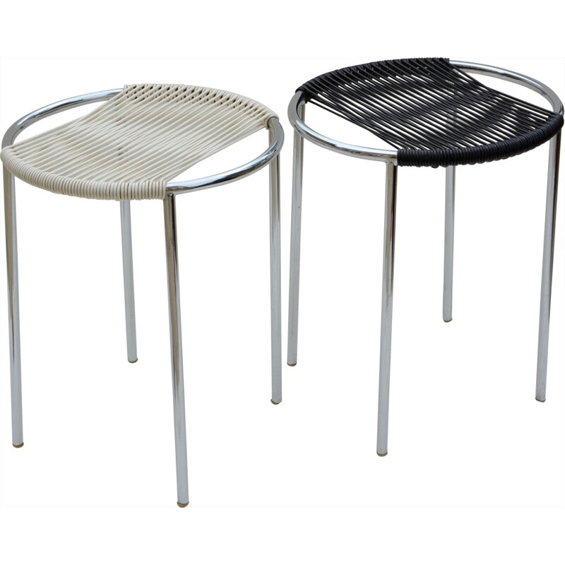 Set of 2 black and white scoubidou and metal stools - 1960s 