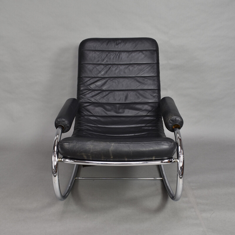 Chaise à bascule italienne vintage en cuir noir