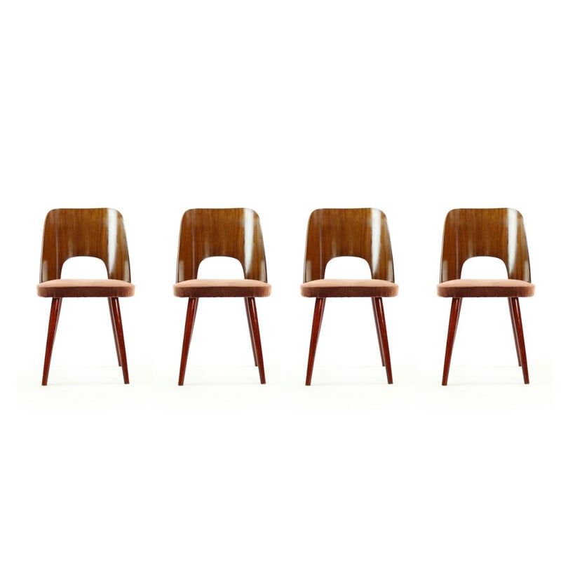 Suite de 4 chaises vintage pour Thonet en hêtre et velours rose 1950