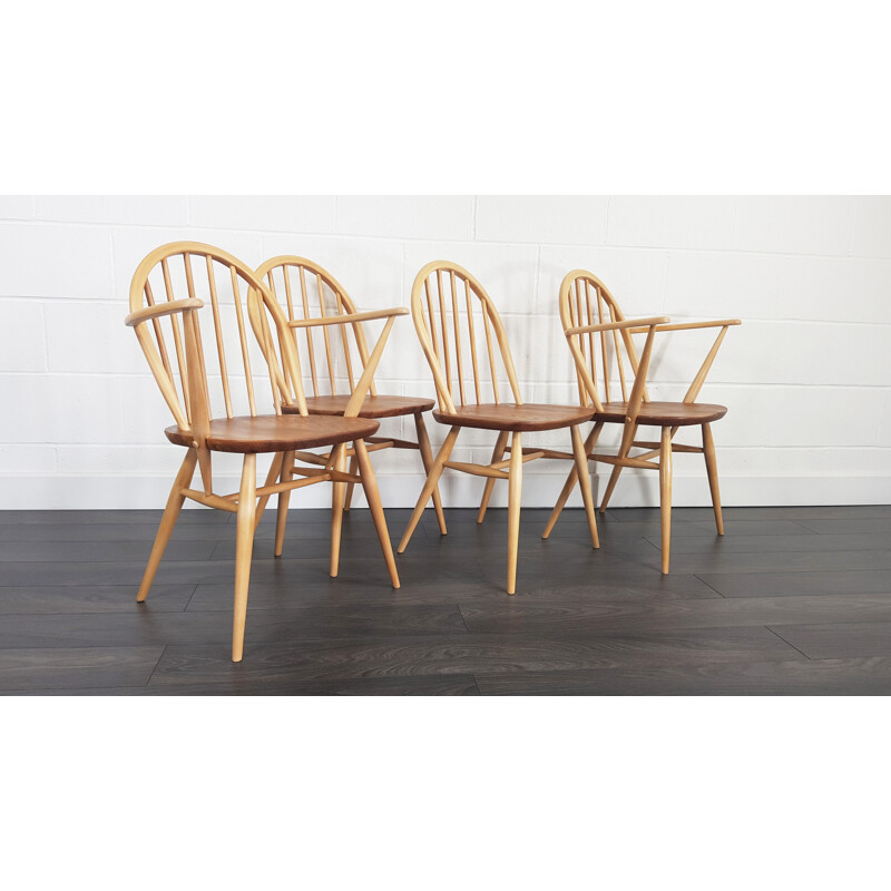 Set of 4 vintage chairs for Ercol in elmwood and beechwood 1960s