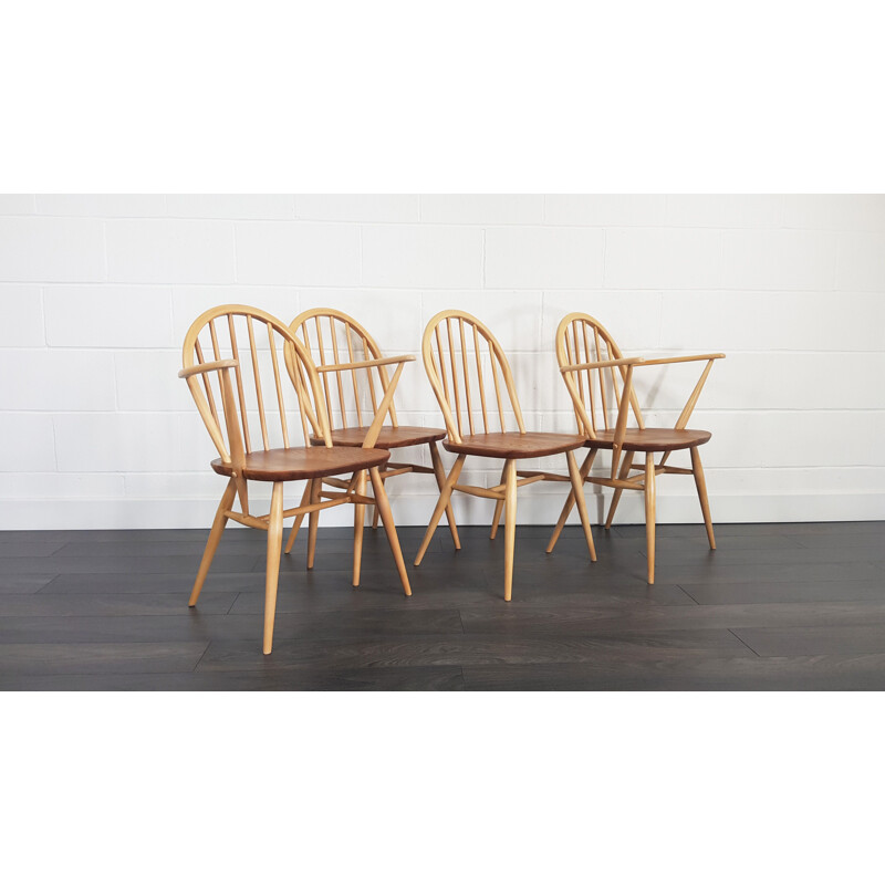 Suite de 4 chaises vintage pour Ercol en orme et hêtre des années 1960