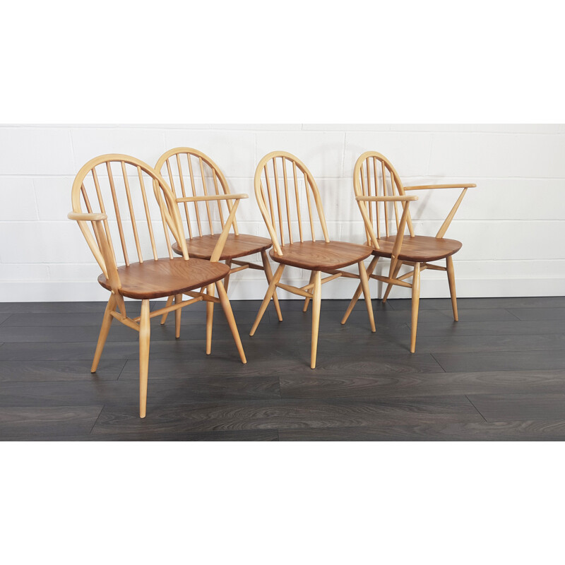 Set of 4 vintage chairs for Ercol in elmwood and beechwood 1960s