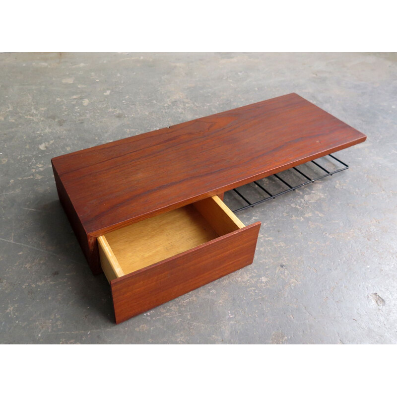 Vintage wall shelf in teak and black metal with drawer, Dutch 1950