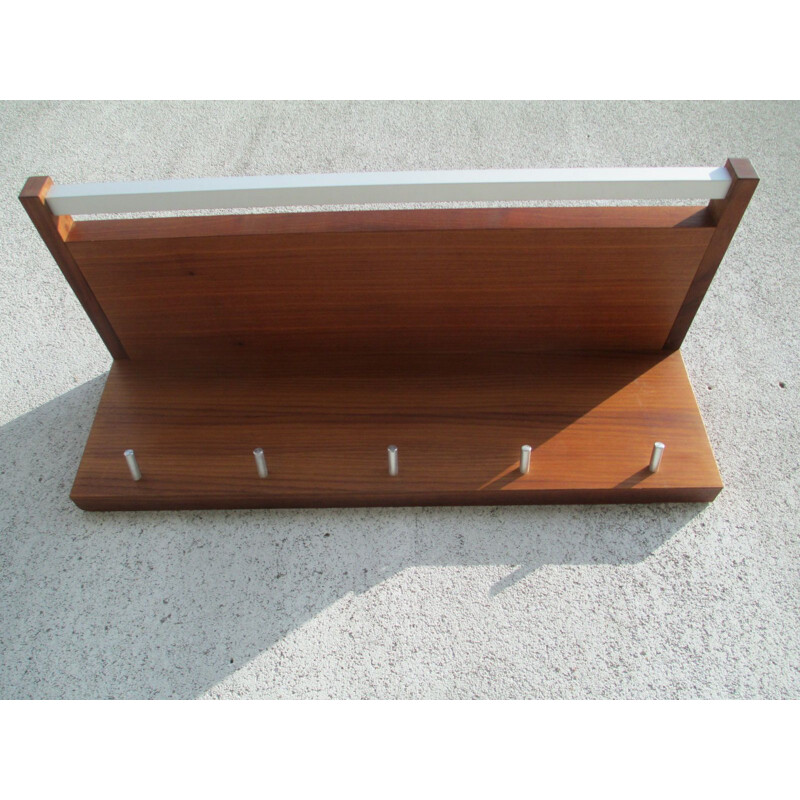 Vintage Teak Wall Coat Rack with 5 Aluminum Hooks 1960