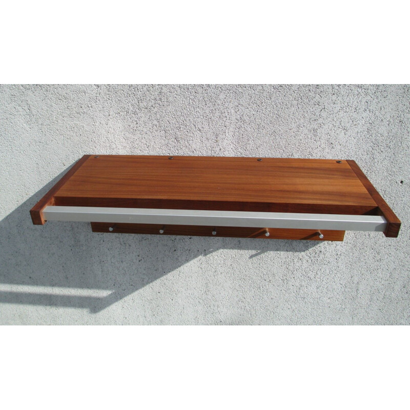 Vintage Teak Wall Coat Rack with 5 Aluminum Hooks 1960